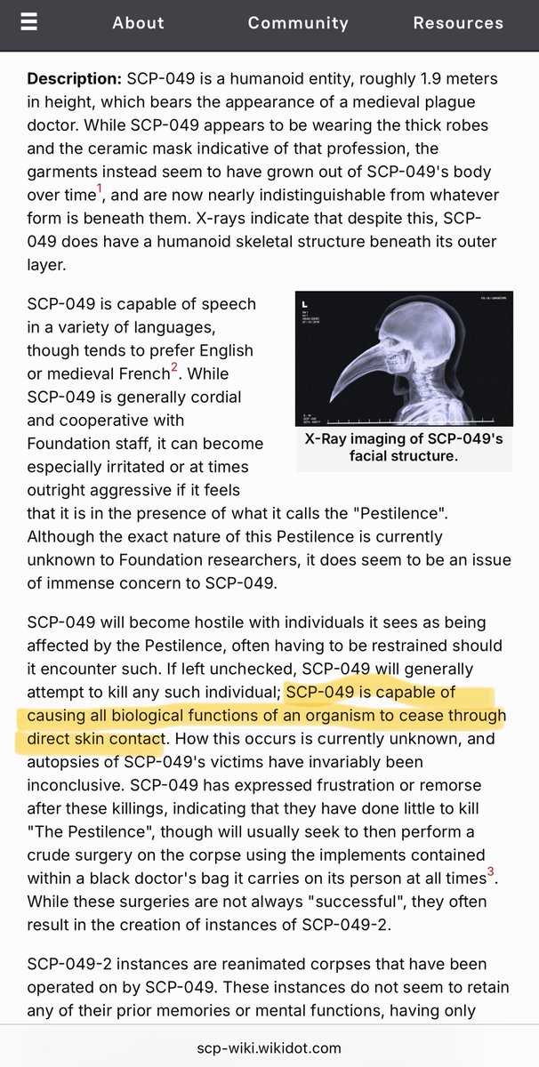site_42's tweet image. It has come to my attention that some of you are lusting over SCP-049. Might I remind you that ITS TOUCH IS UNIVERSALLY LETHAL

Let alone that it’s completely against protocol, you will literally die if you touch it, let alone f*ck it.

STOP.

-Dr. Sherman🖊️
