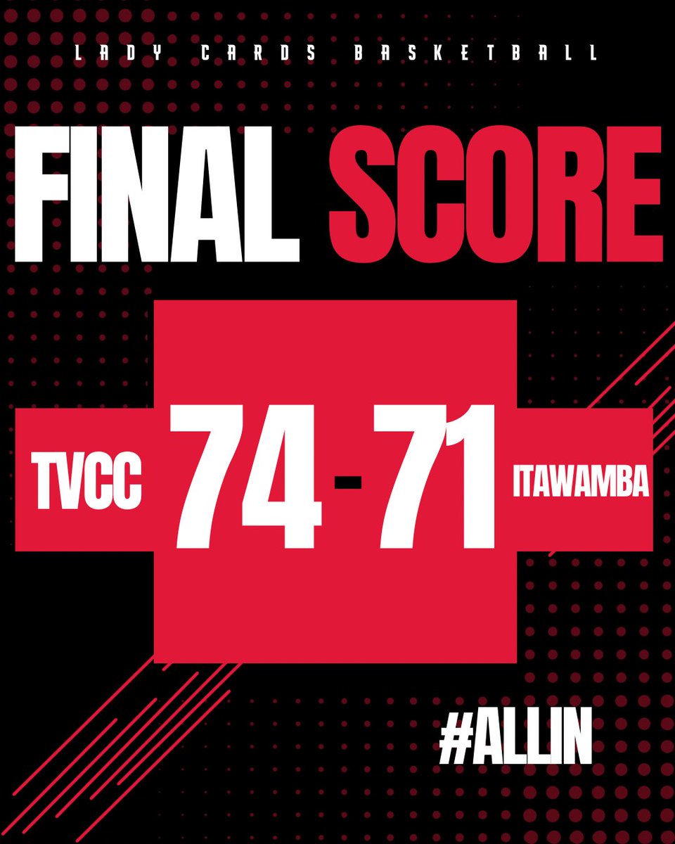 TVCCwbball's tweet image. LADY CARDS WIN‼️
Final Score:
Lady Cards - 7️⃣4️⃣
Itawamba - 7️⃣1️⃣
#ALLIN #CODERED