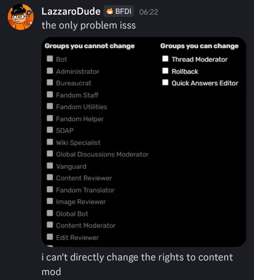 Biscu1s's tweet image. Hiiii, sorry for the late response. we were discussing about the role cus we thought at first, she didnt meet the conditions—but she actually meet the conditions for content moderator!

Only downside is that.. only bureaucrats can do this, and theyre all currently offline.