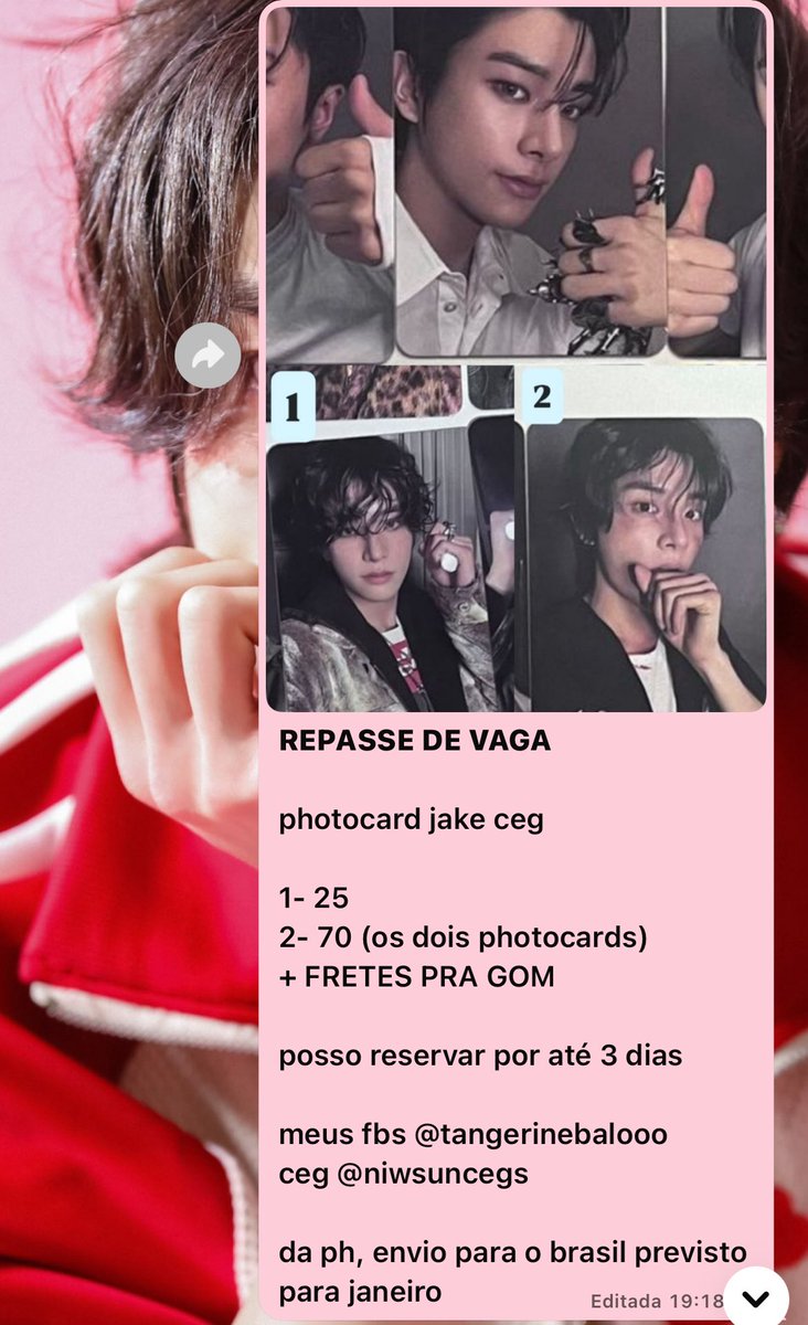 tangerinebaloo's tweet photo. REPASSE DE VAGA 

photocard jake kpopmerch 

1- 25 (pra mim) + fretes pra gom 
2- 70 (pra mim) + fretes pra gom 

são da ph, envio para o brasil previsto pra janeiro 
ceg da @niwsuncegs 

levem pfvr https://t.co/SqgXb1xH7O