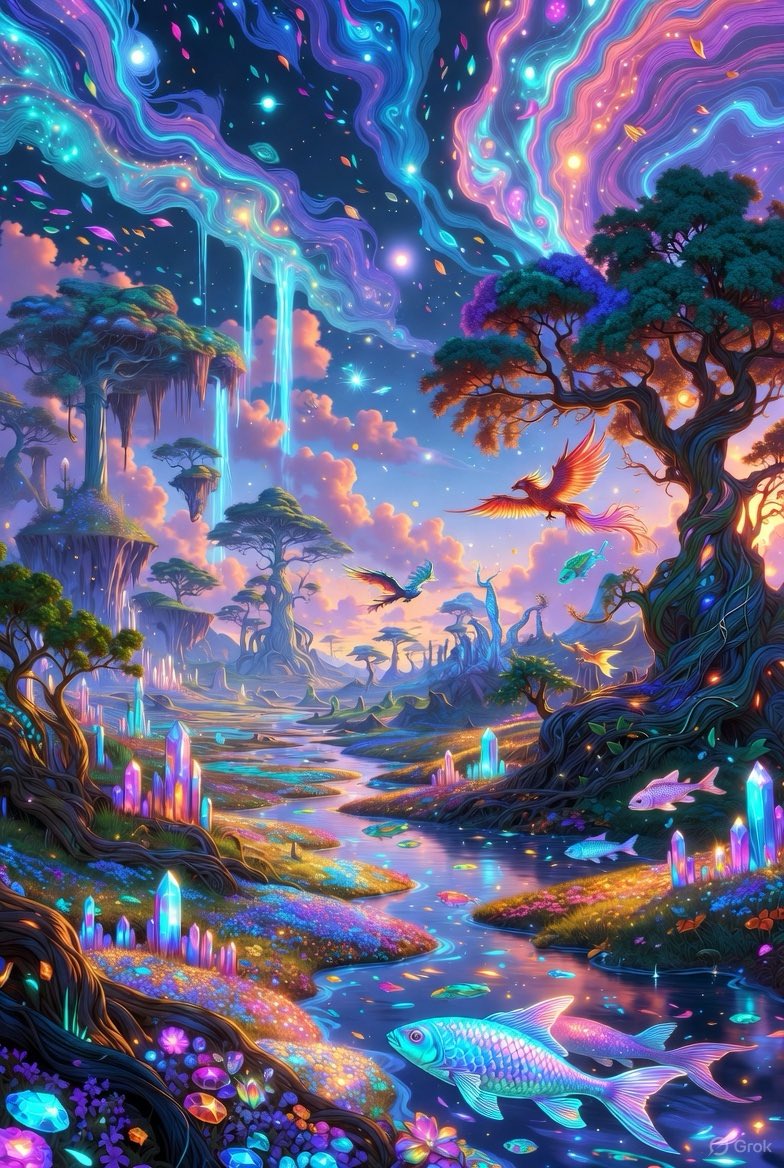 M53437M's tweet image. I asked #Grok to make me an AI visual of my world view , based on my tweets, and here’s the result. Looks more like an acid trip if you ask me! 🤣🤣 
#Grok #worldview #AIart