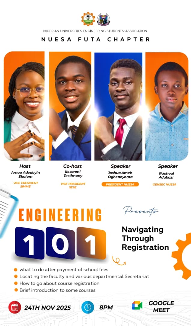 Nuesa_futa's tweet image. Before the lectures, before the bustle, before the pressure, let&apos;s give you clarity.

ENGINEERING 101 is designed to help every fresher start strong by breaking down the entire registration process, requirements, deadlines, and the mistakes you must avoid.

Anticipate 🔥
