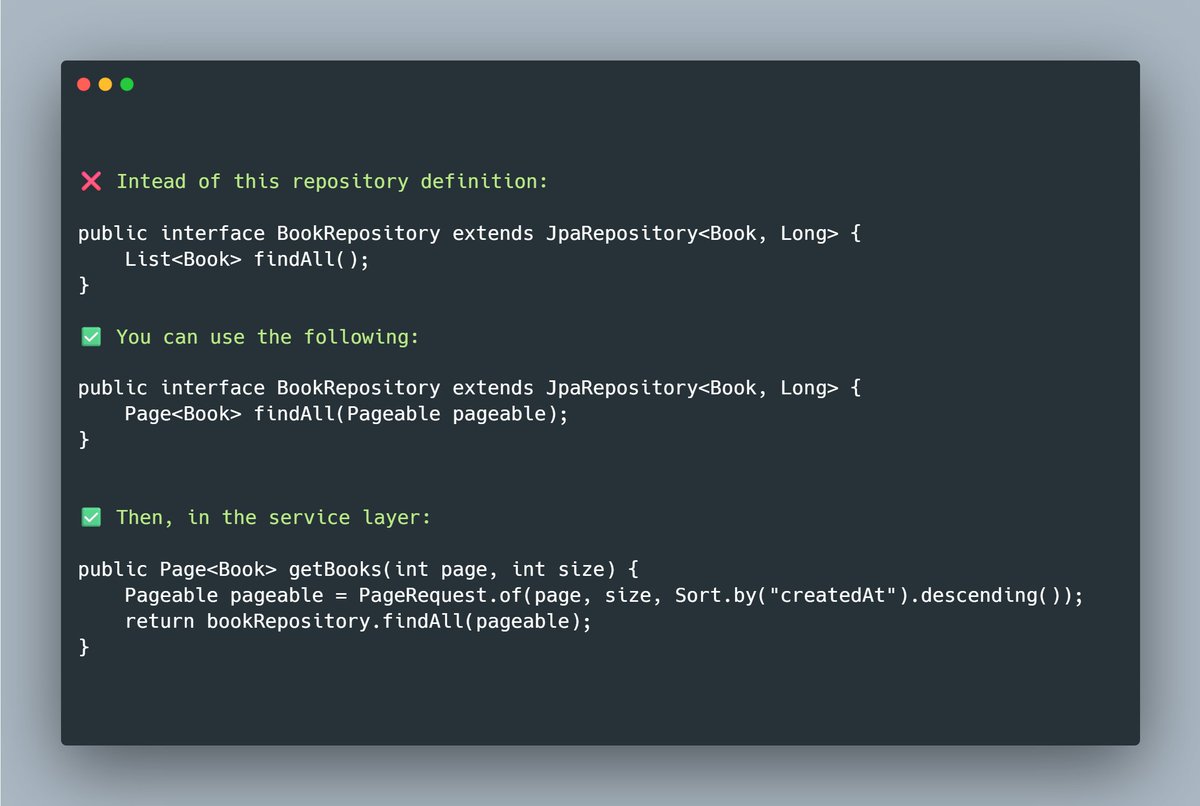 mario_casari's tweet image. 🚀 Spring Boot: Spring Data JPA has a built-in support for pagination with Pageable. 

✅You should use pagination in your repositories instead of fetching all.
#SpringBoot #JavaDev