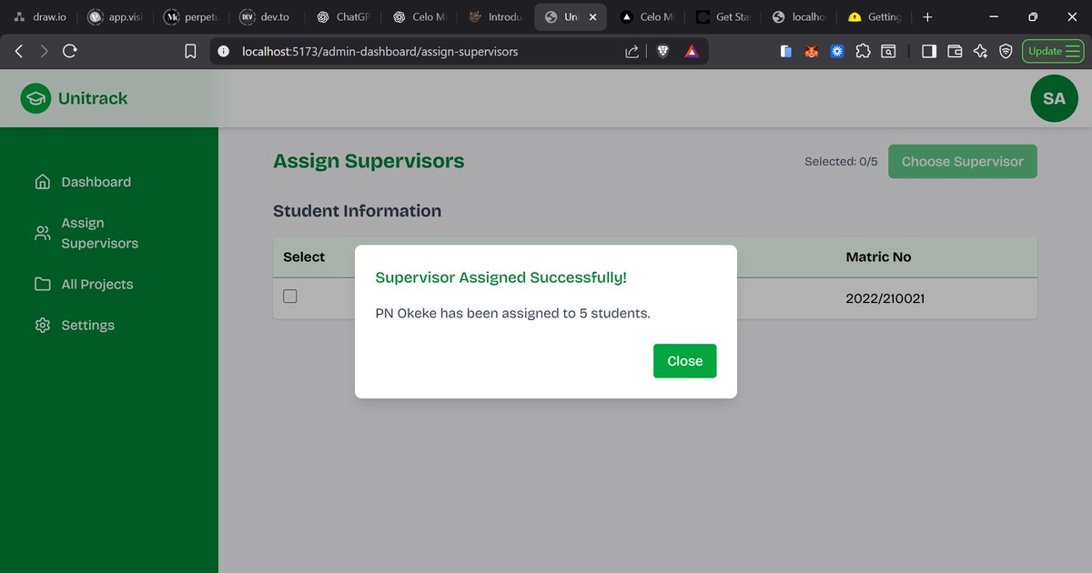 perpetualuchec5's tweet image. Day11 #30daysofmyITprojectupdate

Today, I went back to my project.

🎯Finished up supervisor assignment with a confirmation modal..
🎯Moved to the supervisors dashboard and wrote endpoints to return data of students affiliated to a supervisor, displayed them on the UI..