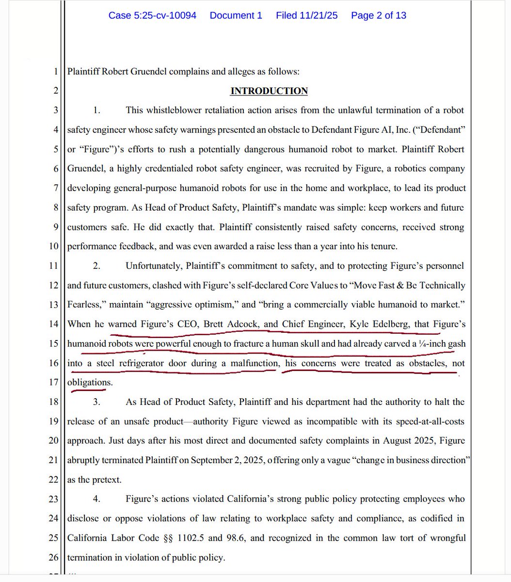 TheHumanoidHub's tweet image. Figure AI faces a whistleblower lawsuit from its former Head of Product Safety, Robert Gruendel.

Gruendel alleges wrongful termination in September 2024 after raising safety concerns to executives, including CEO Brett Adcock. He warned Figure&apos;s robots &quot;were powerful enough to…
