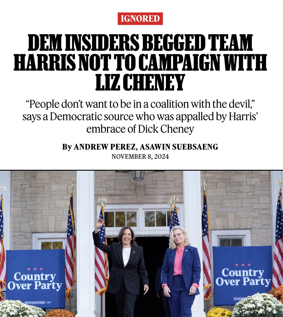 PushDemsLeft's tweet image. Kamala cozying up with the universally hated, loser Cheneys was undoubtedly one of the many reasons she lost, but it was just one facet of a far bigger problem.

Moving so far to the right pushed away 21% of Dem voters in exchange for picking up just 3% of Trump’s!