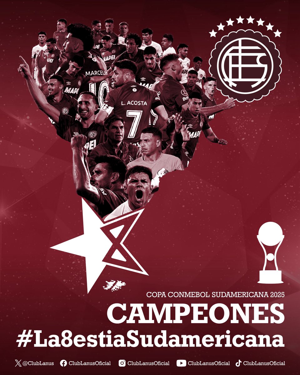 SVargasOK's tweet photo. 🏆 Últimos campeones de la Copa Sudamericana:

2014: 🇦🇷 River Plate.
2015: 🇨🇴 Santa Fe.
2016: 🇧🇷 Chapecoense.
2017: 🇦🇷 Independiente.
2018: 🇧🇷 Athletico Paranaense.
2019: 🇪🇨 IDV.
2020: 🇦🇷 Defensa y Justicia.
2021: 🇧🇷 Athletico Paranaense.
2022: 🇪🇨 IDV.
2023: 🇪🇨 LDU.
2024: 🇦🇷 Racing. 
2025: 🇦🇷 Lanús. 🆕