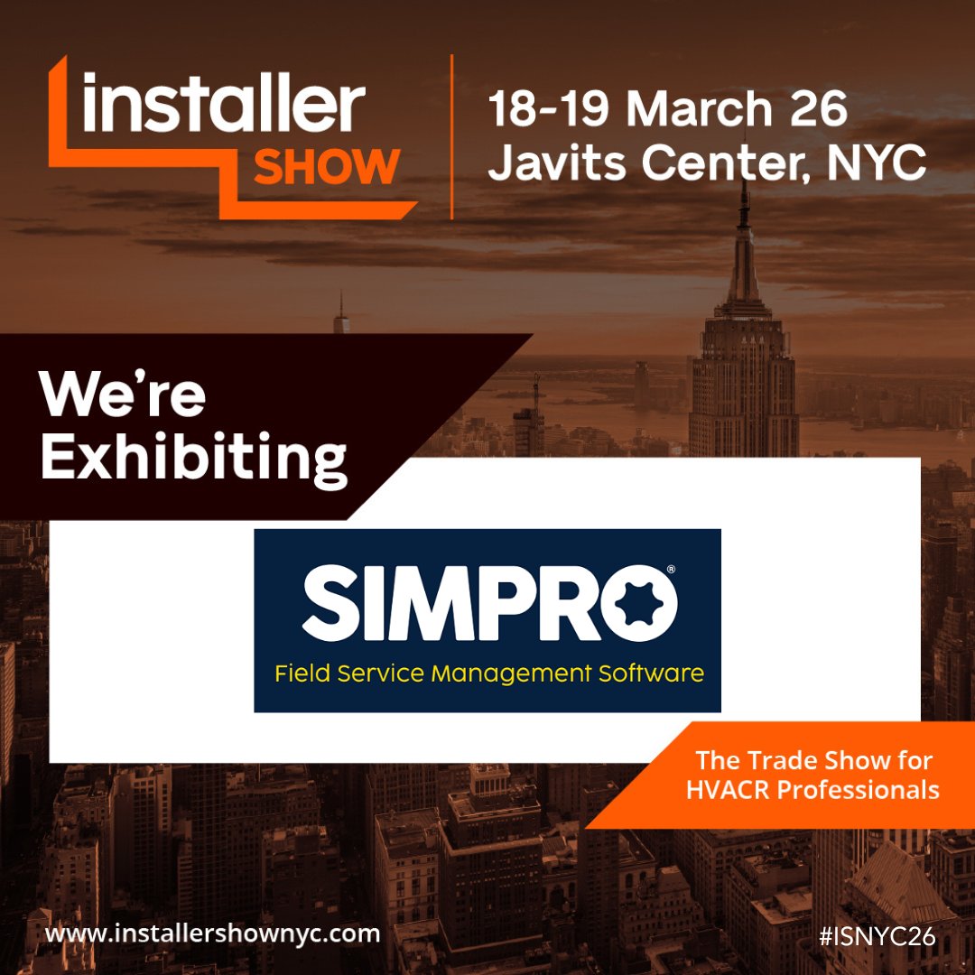 simprosoftware's tweet image. We’re excited to share that we’re exhibiting at InstallerSHOW New York 2026!

Join us at the Javits Center, March 18 &amp;amp; 19 2026, where 5,000 industry pros will come together for two days of innovation, learning &amp;amp; networking.

installershownyc.com

#ISNYC26 #HVAC