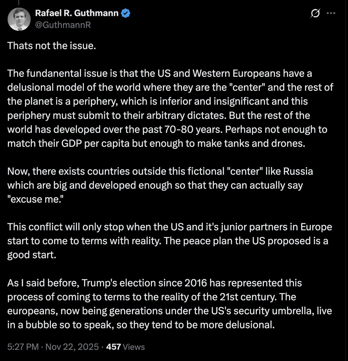 서양의 '후청(後淸)' 이론이 확산되고 있다.
 대체로 맞는 말인데, 특히 EU의 경우는 더욱 그렇습니다. 이 국가들은 자신들에게 없는 중심적 위치에서 협상을 합니다. 그들이 가진 강력하고 독특한 카드(예: ASML