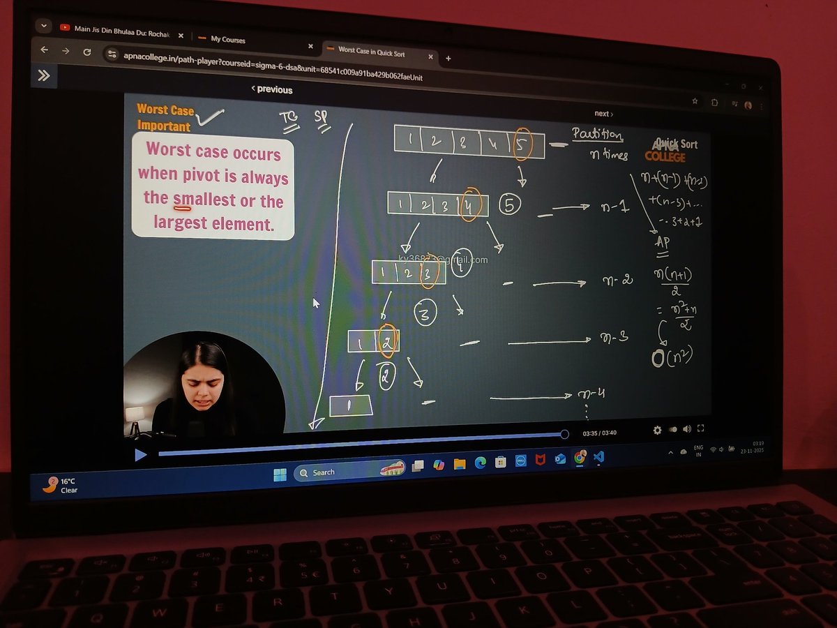 Day 41 of #100DaysOfDSA 💻

Today I:
✔️ Wrote full Quick Sort code
✔️ Did dry run step-by-step
✔️ Explored worst case performance

Quick Sort is fast…
but a bad pivot can turn it into O(n²) 👀

Loving how deeper understanding improves confidence ⚡

#DSA #Java #CodeWithMe