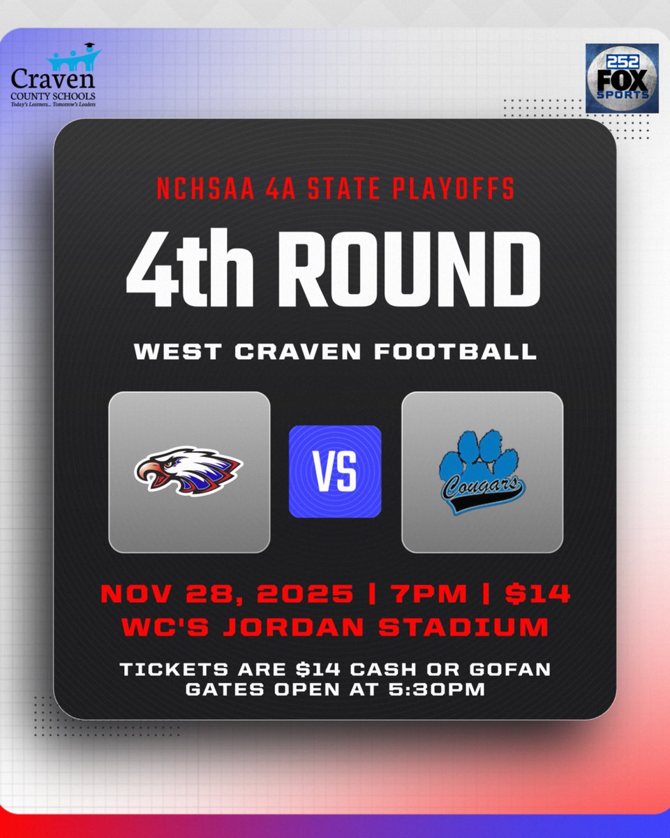 WC Football host @SWEHScougars on Friday night at 7pm in the 4th Rd of the 4A State Playoffs | $14 Cash or GoFan #CravenCountySchools #EagleNation #RiseAbove #3Rivers4A #NCHSAA #NCDPI_Athletics