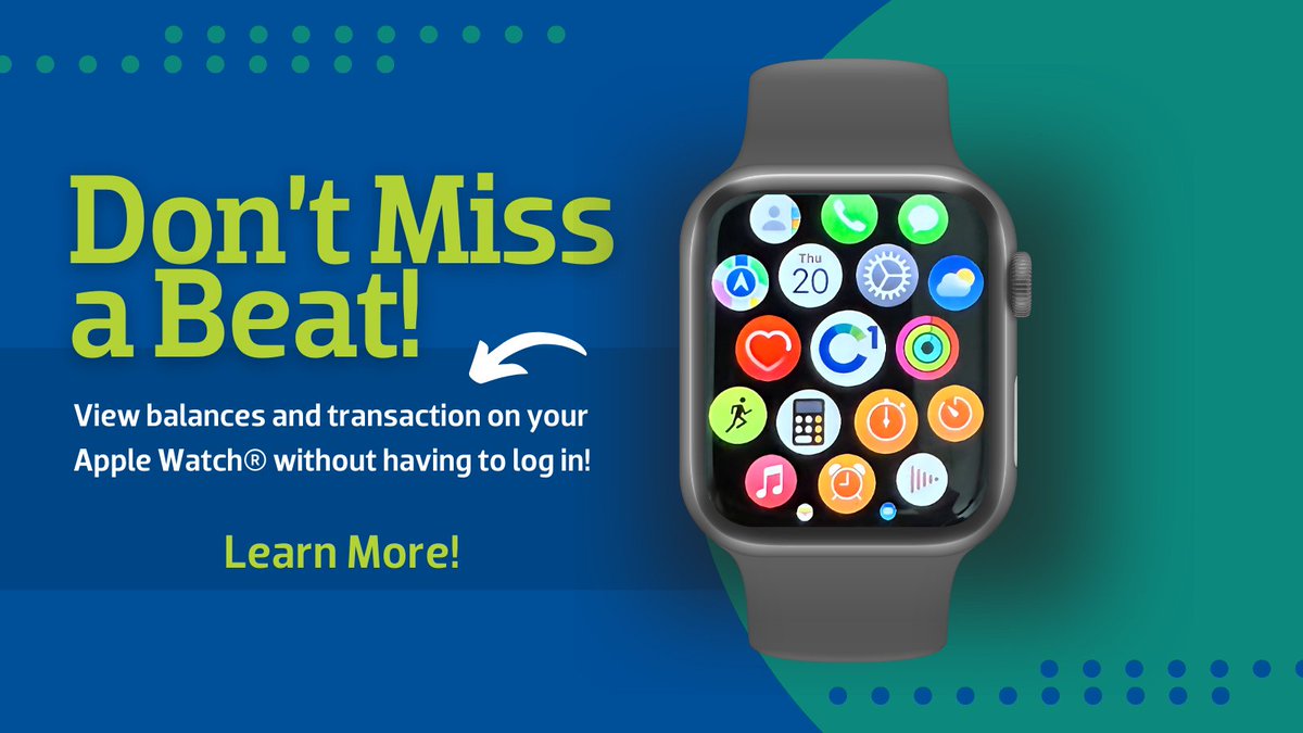 Community1stCU's tweet image. Don&apos;t Miss a Beat! Did you know you can easily view your account balances and transactions on your Apple Watch® without having to log into C1st&apos;s Digital Banking?
Learn more: ow.ly/9Lkm50Xw4v1
#digitalbanking