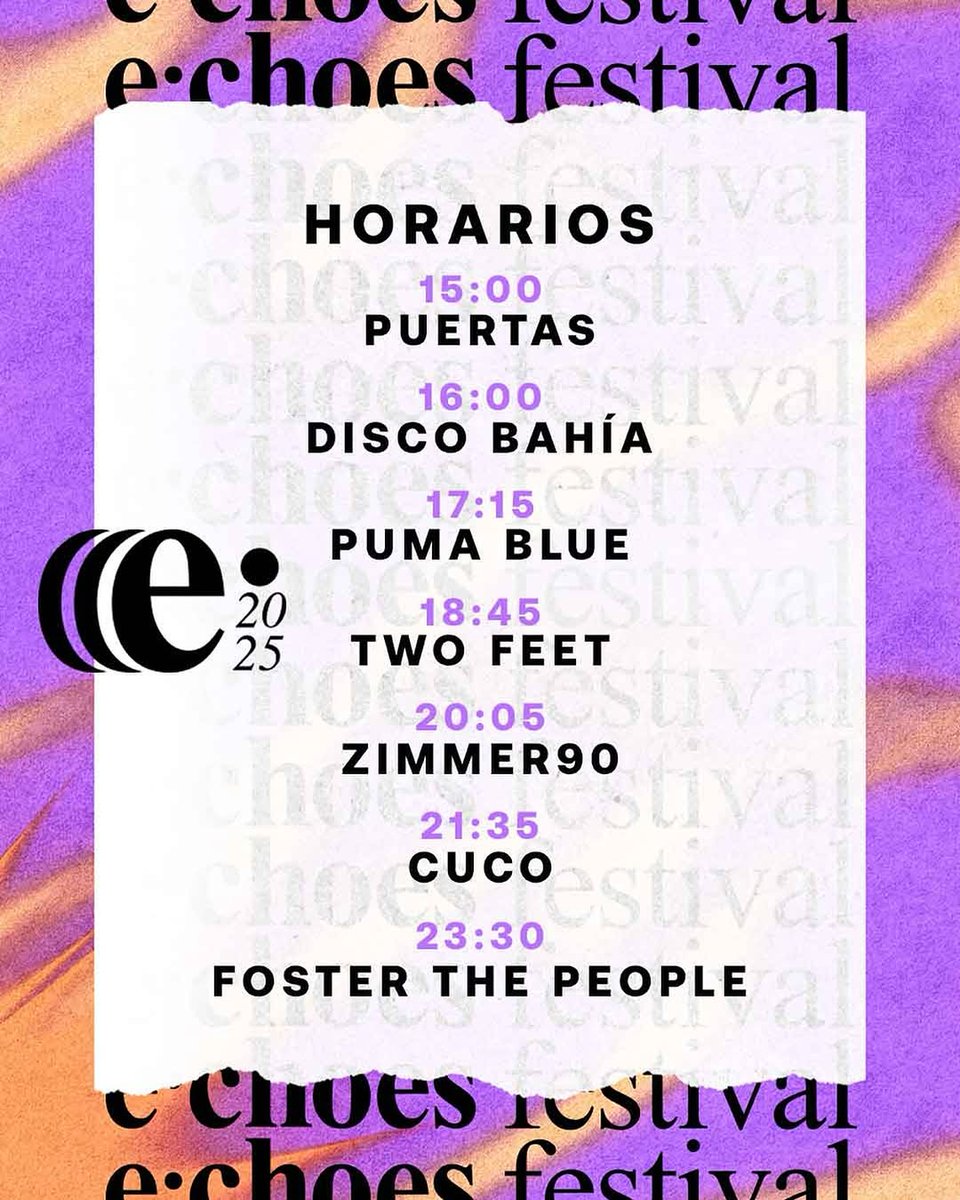 derocanrol's tweet photo. ¡Horario COMPLETO del Echoes Festival! 🎶 Puertas 3PM. Disco Bahía 4PM, Puma Blue 5:15PM. Noche: Two Feet (6:45), Zimmer90 (8:05), Cuco (9:35) y Foster The People (11:30). Sábado 29 de noviembre.
#AgendaDeRocanrol https://t.co/EAfU8RXTyc
