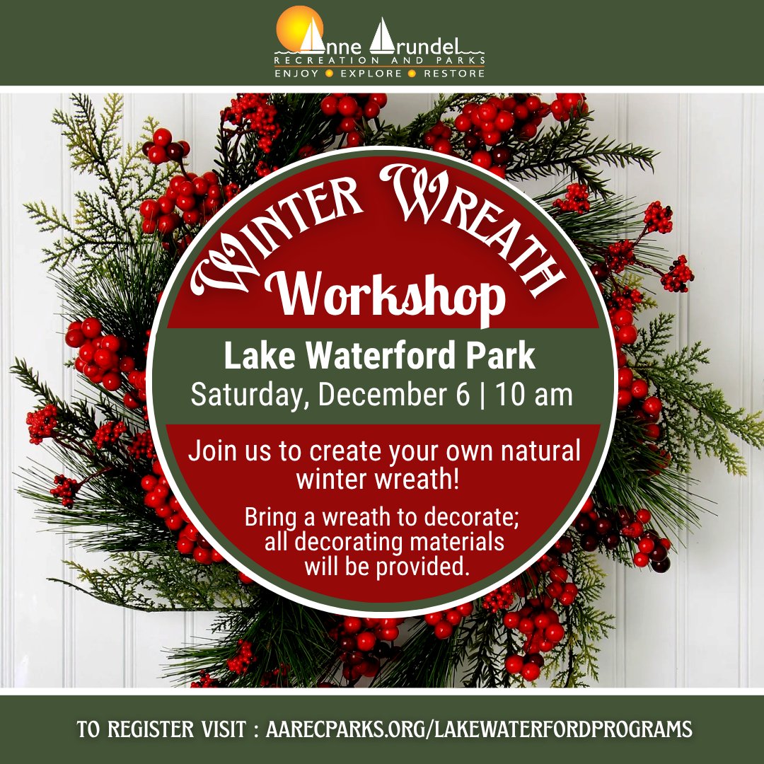 Join us at Lake Waterford Park to craft unique holiday decor! We provide the natural materials and guidance; you bring the wreath base. This hands-on workshop is happening Saturday, Dec 6th at 10 am.

Sign up today! ➡️ aarecparks.org/lakewaterfordp…
#LakeWaterfordPark #HolidayDecor #DIY