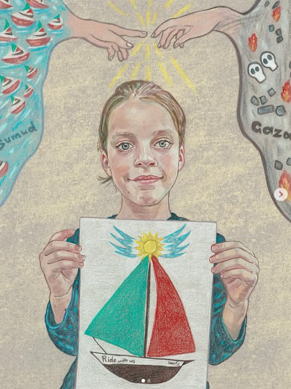 🇵🇸🎨🖌️
Shahed is nine years old, and is from Gaza. She lost over 18 members of her family when her uncle's house was bombed.

Shahed's mother is teaching her art and she has a huge amount of talent.
The drawing of the ship" Ride with us" and the illustration behind it were drawn