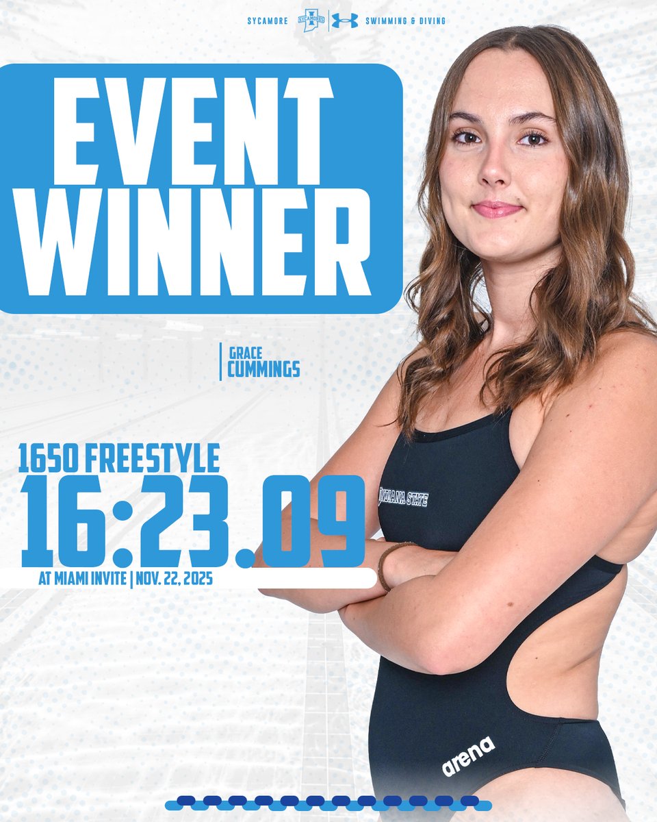 🚨RECORD BROKEN🚨

The Indiana State mark in the 1650-yard Freestyle has gone down as Grace Cummings goes 16:23.09 to top the field in Oxford.

The time is under the NCAA cut line as the freshman puts together a performance to claim the Sycamores' second win at the Miami Invite