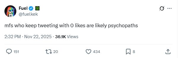 You have 117.9K Followers and the quoted tweet has 434  likes. Technically you have 0.36% of likes which is in the range of 0.

Welcome to the psychiatric yard (I am already in, I barely has 1 like per post 😅).
