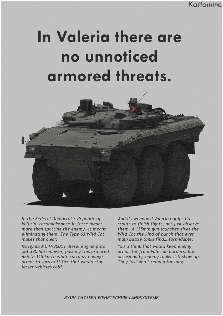 Type 63 Wildcat poster

Based on a series of vintage west and east german posters. 

I haven't been posting that much because I think the render with white background kind of looks ugly on twitter. I've been wanting to do better renders but haven't had the time.