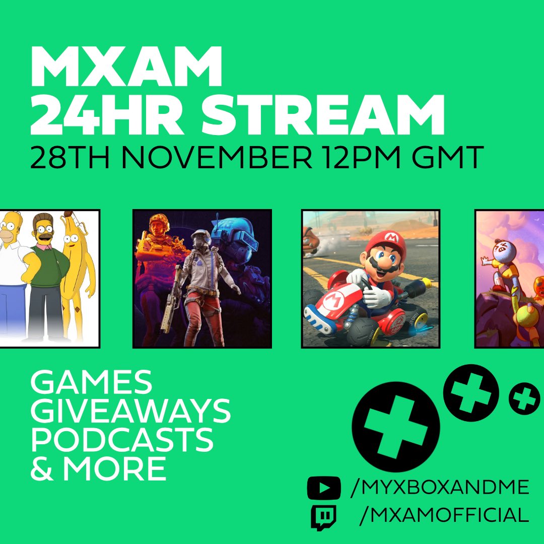 This upcoming Friday! 

The long promised, MXAM 24hr stream is happening!

Charge your controllers and bring snacks! It’s gonna be a wild ride

🟣twitch.tv/mxamofficial
🔴YouTube.com/myxboxandme