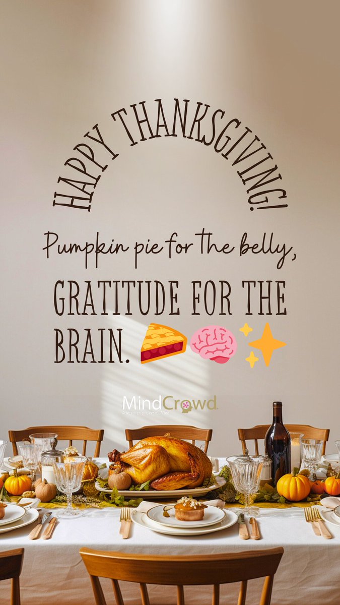 Happy Thanksgiving! 🧠💛 Gratitude isn’t just good for the heart — it’s good for the brain too. Being thankful boosts mood, memory, and mental well-being.
#Thanksgiving #Gratitude #BrainHealth #MindCrowd #MemoryMatters #HealthyMind #CognitiveHealth