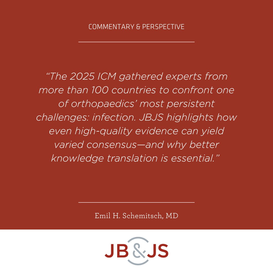 jbjs's tweet image. &quot;Consensus Recommendations and Insights on Infection&quot;
Commentary on an article by the International Consensus Meeting Executive Committee: “International Consensus Meeting on Infection. Top 10 Evidence-Backed Recommendations and Insights” by Emil H. Schemitsch, MD

Read the full…