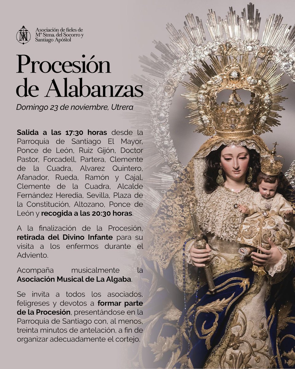 𝐒𝐎𝐋𝐄𝐌𝐍𝐈𝐃𝐀𝐃 𝐃𝐄 𝐂𝐑𝐈𝐒𝐓𝐎 𝐑𝐄𝐘 𝐃𝐄𝐋 𝐔𝐍𝐈𝐕𝐄𝐑𝐒𝐎
Domingo 23 de noviembre.

11:00h · Misa Mayor de la Parroquia de Santiago El Mayor.
16:45h · Rezo del Santo Rosario.
17:30h · Solemne Procesión de Alabanzas.

Santísima Virgen del Socorro, Ruega por nosotros.