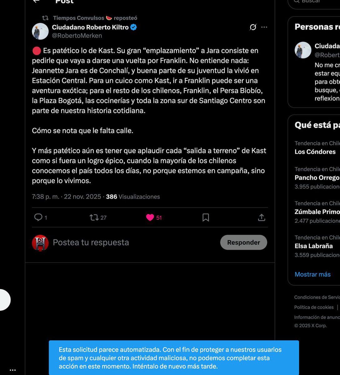 hernan_sr's tweet image. Mientras que q mi me están borrando tweets a @RobertoMerken le están bloqueando  hacerle RT a sus tweets,  hago un llamado a masificar más los mensajes anti Kast ya que al parecer no están banneando, dejo pantallazo del tweet de Roberto. 

Un abrazo a todos.