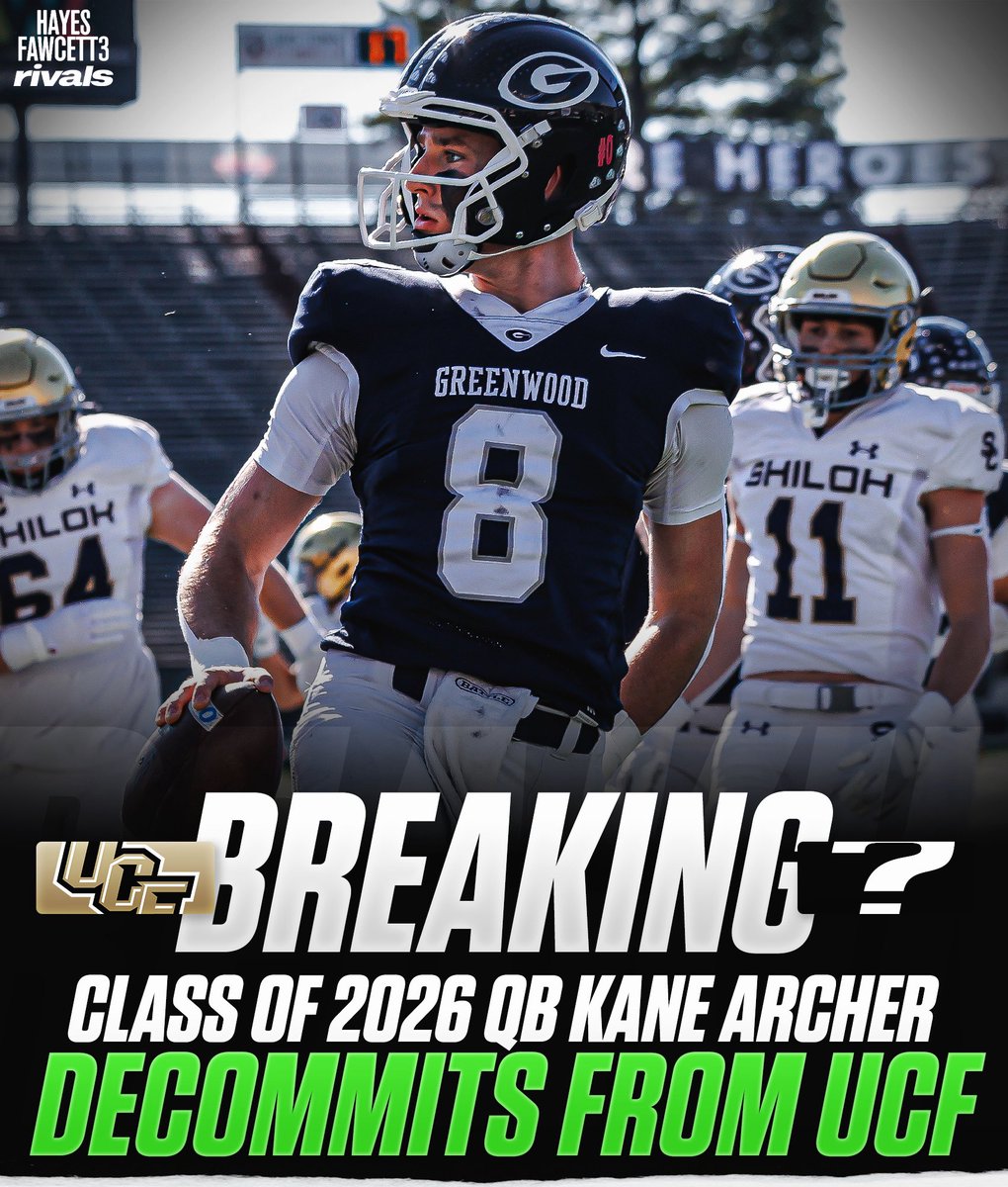 Hayesfawcett3's tweet image. BREAKING: Class of 2026 QB Kane Archer has Decommitted from UCF, he tells me for @rivals

The 6’1 210 QB from Greenwood, AR had been Committed to the Knights since April

He currently holds a total of 25 offers

on3.com/rivals/kane-ar…