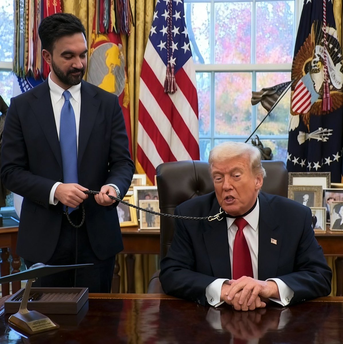 decoded_dev's tweet image. This is an artists depiction of how witnesses describe what Zohran Mamdani did to Donald Trump