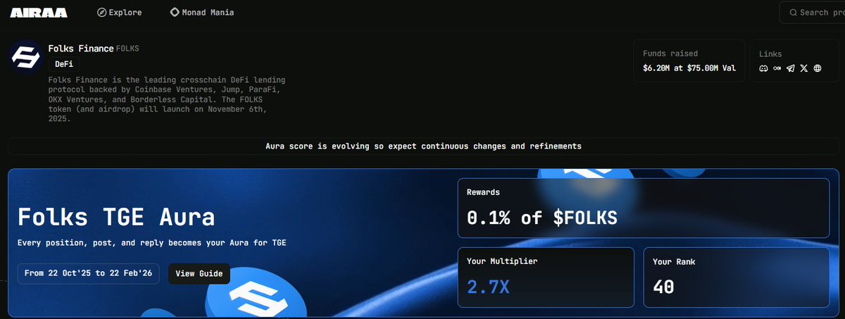 grape_growth's tweet image. 오늘 쉬면서 랭크를 확인해보니 @FolksFinance  가 64등에서 40등, @AiraaAgent 가 83등에서 64등 @haha_app 이 217등에서 246등으로 순위가 전체적으로 올라갔지만 경쟁률이 조금씩 치열해지는걸 느끼고 있다.

기본적인 $FOLKS 에대한 강세를 기반으로 나는 모나드가나오면 지속적으로 말했던 것처럼…