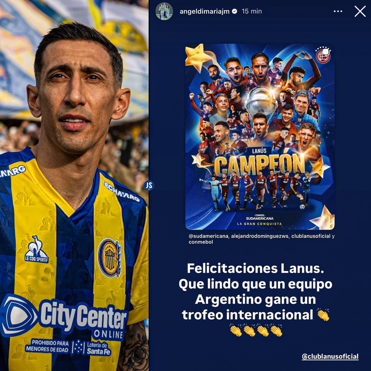 🇦🇷 Ángel Di María en Instagram.

🗣️ “QUE LINDO QUE UN EQUIPO ARGENTINO GANE UN TROFEO INTERNACIONAL”.