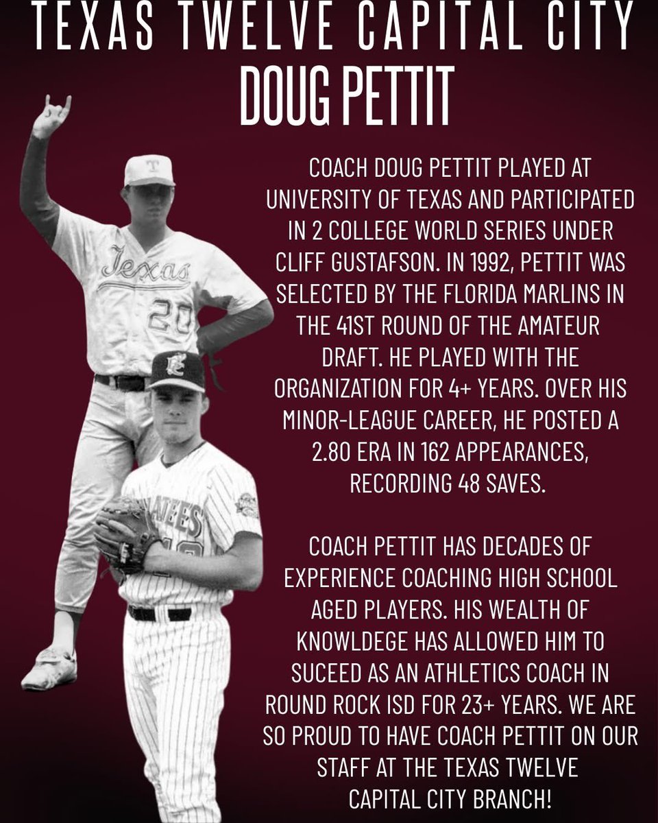 GPSTEXASBASEBA1's tweet image. 💥Coaches Spotlight!💥
Another Local Longhorn Legend with Pro ball experience. Thank you for all you do to help young men be the best version of themselves on &amp;amp; off the field DP!  @TwelveBaseball @dpettit5