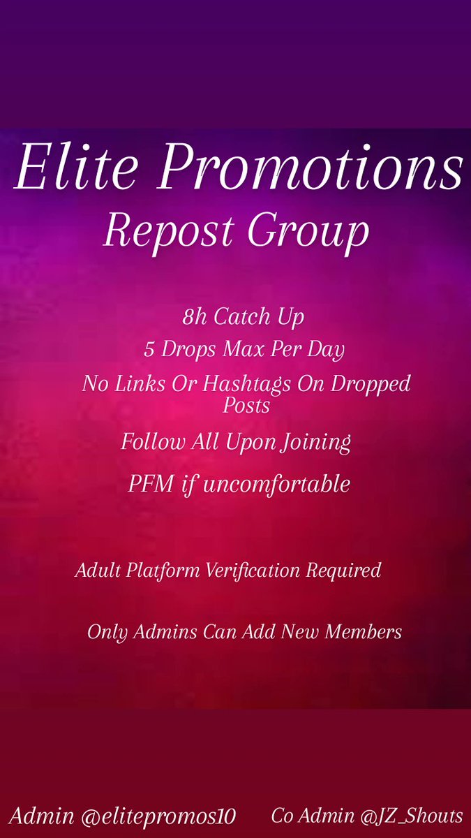 💜Elite Promotions Repost Group❤

Want Subscribers &amp; Followers? 

I Have A Repost Group Designed To Help Your Page Grow

Drop An Emoji Or Send Me A Dm To Be Added

Requirements:
1) Be 18+
2) Have An Adult Verified Platform
3) Prove You're Real (Verification Video)