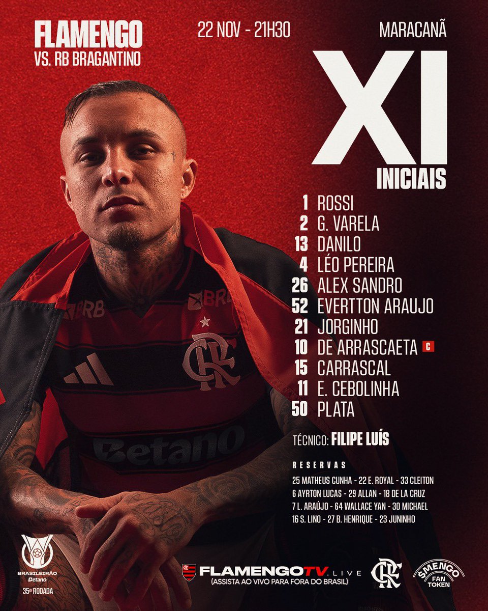 Flamengo's tweet image. NOSSO TIME É A GENTE EM CAMPO! 

Confira a #escalação do Mais Querido para enfrentar o RB Bragantino, pelo @brasileirao! 

#FLAxRBB