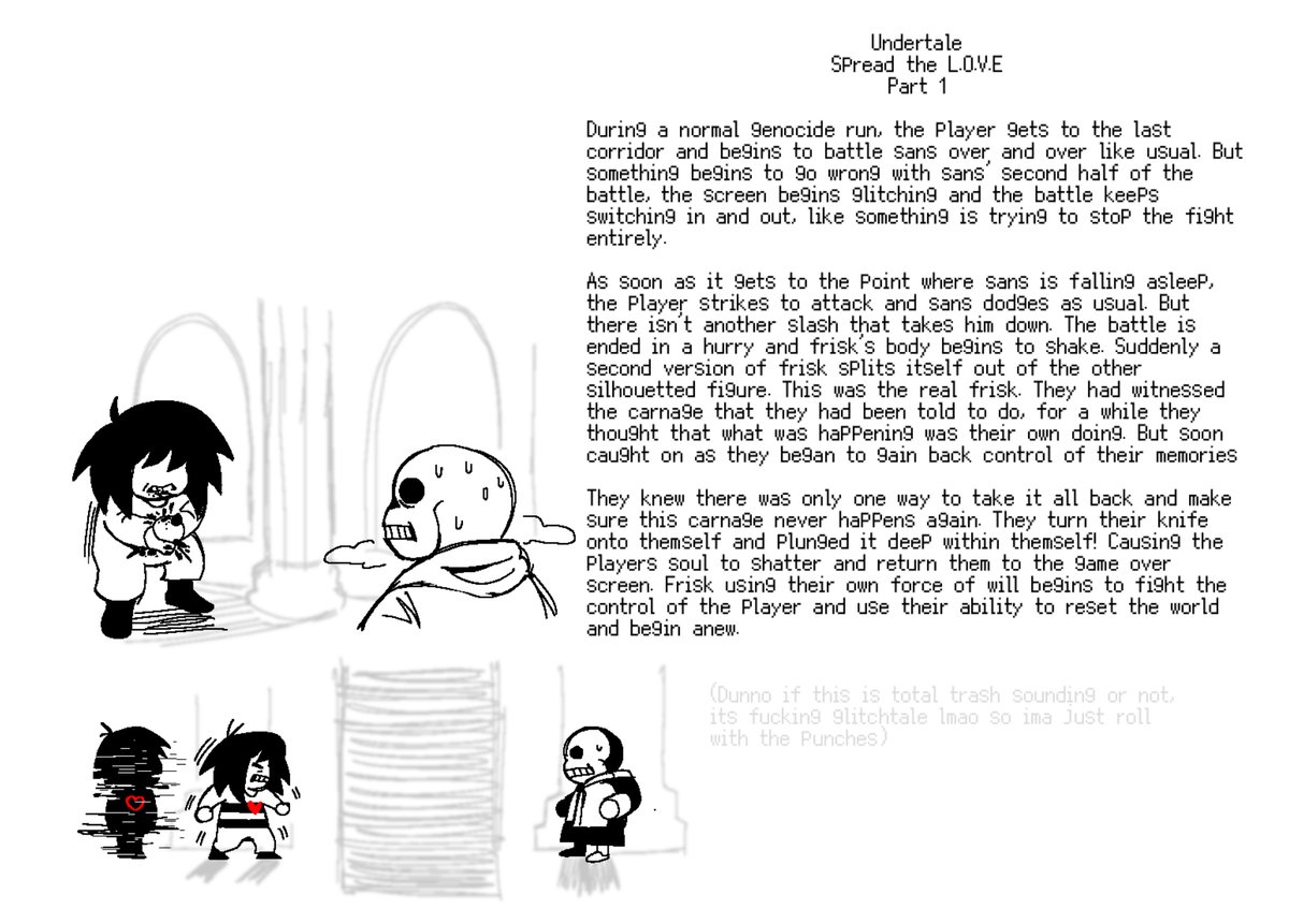 WilkusMan's tweet image. Trying to translate 3 am ideas into morning thoughts is hard

Getting back to spread the L.O.V.E and going from the beginning to when they got to the surface 

(sorry if the writing is ass, its glitchtale so im doing my best lmao)

#re_glitchtale #undertaleAU #glitchtale