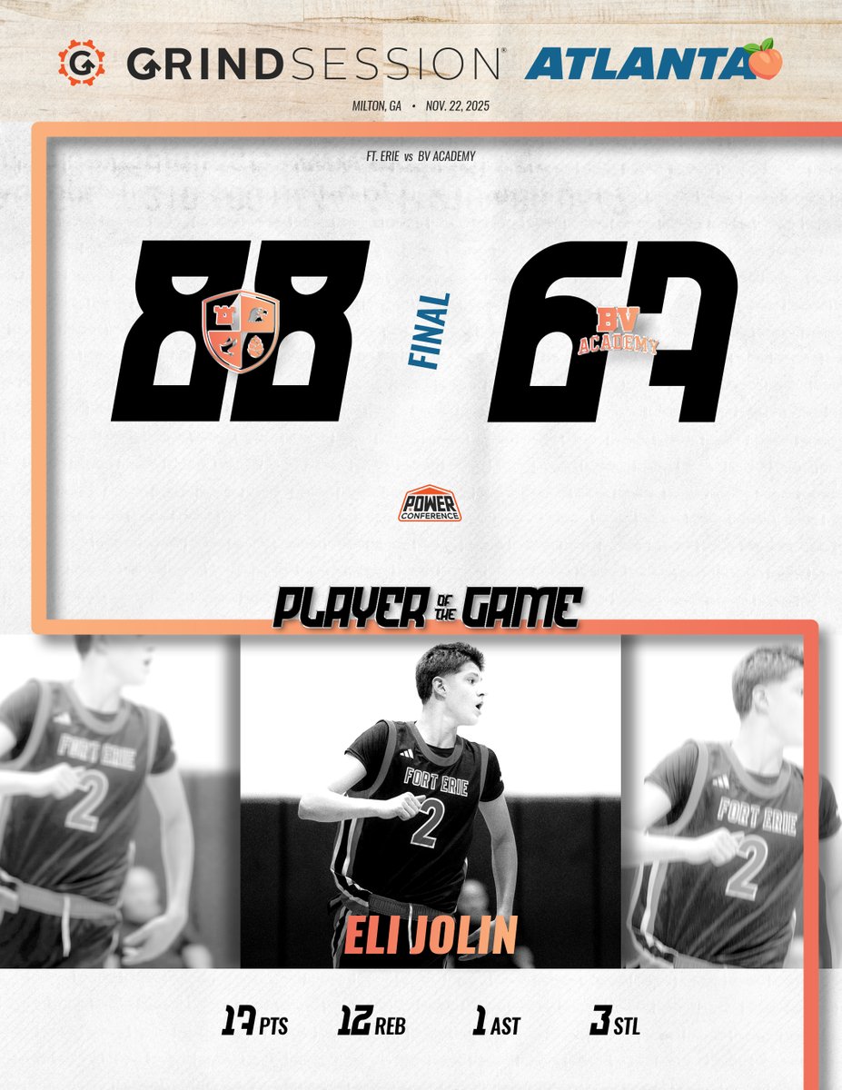 FINAL
Ft. Erie (ON, CAN) 88
BV Academy (AZ) 67
Player of the Game: Eli Jolin 17p 12r 1a 3s

Anthony Ponga 22p 8r 4a 1s
Jordan Charles 20p 2r 4a 1s
Noah George 12p 4r 1a 2s