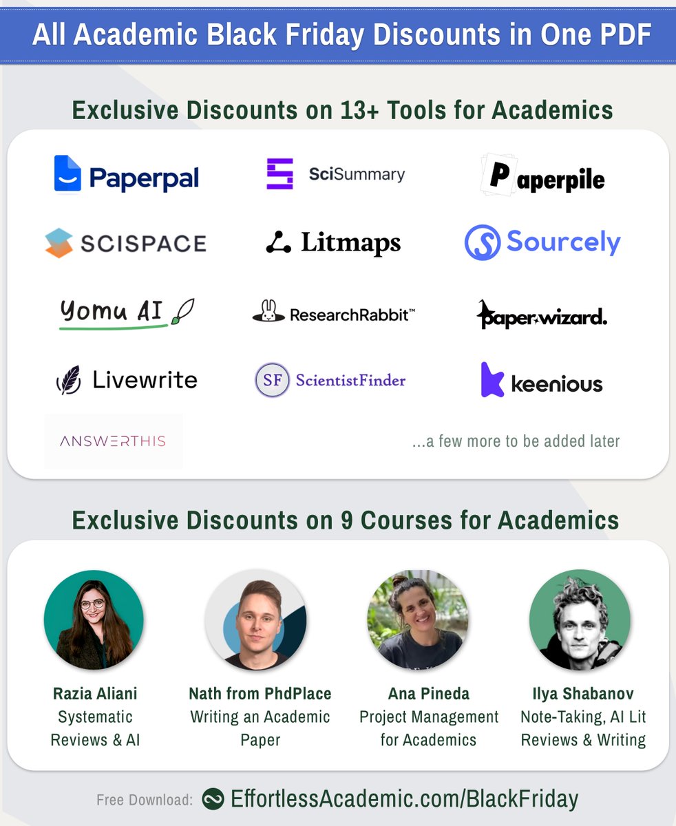 Artifexx's tweet image. I made a PDF with all 2025 Black Friday discounts for academics.

Up to 60% on top tools &amp;amp; courses!

Click the link for a free download: