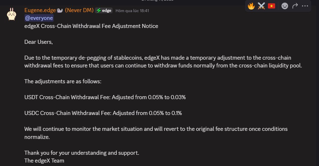 DiepDacTri's tweet image. edgeX xử lý sự kiện de-peg: phản ứng nhanh – minh bạch – đặt an toàn người dùng lên trước

Hôm qua edgeX vừa ra thông báo điều chỉnh phí rút cross-chain do tình trạng stablecoin tạm thời mất peg.
Điều đáng nói ở đây không phải việc tăng hay giảm phí, mà là…