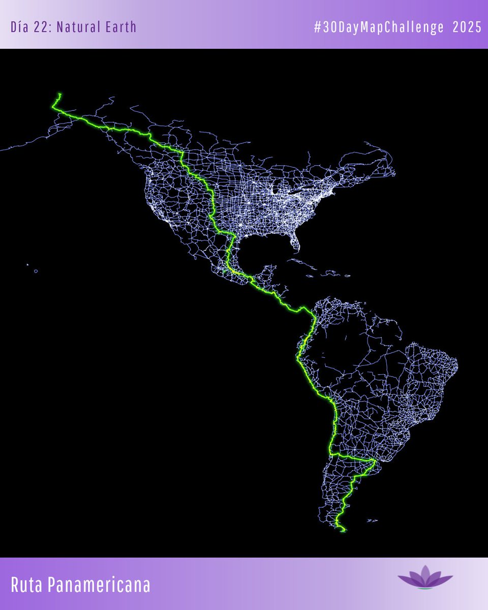 #30DayMapChallenge
Día 22: Natural Earth | Ruta Panamericana

Usando el dataset de carreteras de Natural Earth, generamos una visualización del sistema panamericano:
una red vial continua que conecta a casi todos los países del continente a través de un solo trazo.