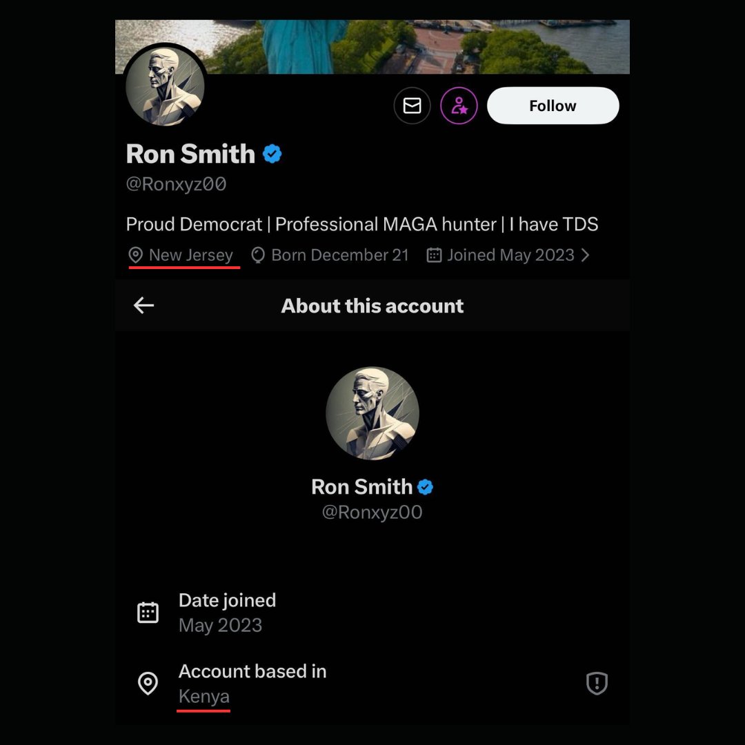 🚨 LMFAO! "Proud Democrat MAGA hunter" named Ron Smith is based in KENYA, according to X's country feature.

He has a VPN on - meaning this "New Jerseyan" is hiding his location, and he could be from anywhere!

Imagine my shock.