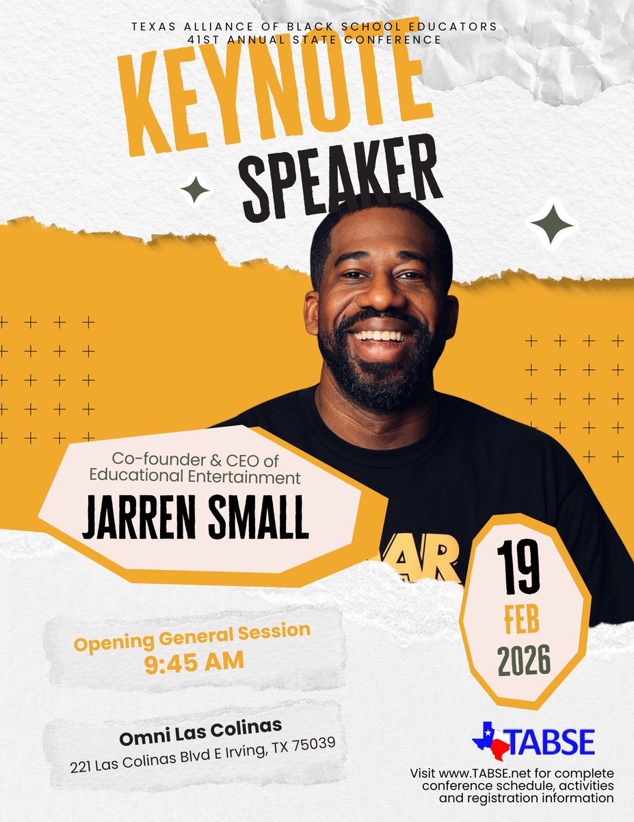 TABSE_Texas's tweet image. Join us for our Opening General Session featuring Jarren Small…educator, creator, visionary &amp;amp; champion for equity. His message is guaranteed to ignite the mindset, the mission &amp;amp; the momentum we need as we continue empowering excellence across Texas. #TABSE2026