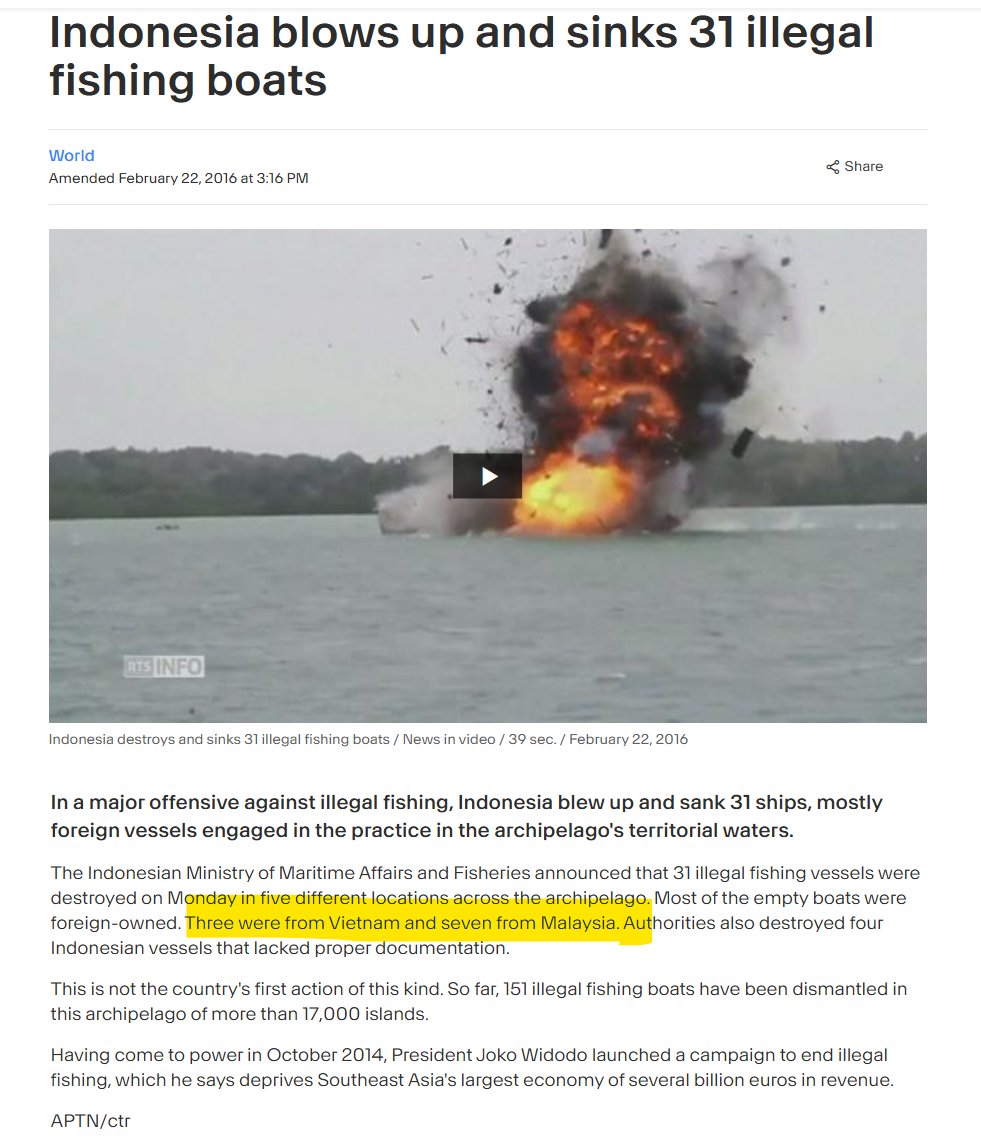 Ignis_Rex's tweet image. Recycling fake news?

I quote the actual report 22 Feb 2016:

&quot;Three were from Vietnam and seven from Malaysia. Authorities also destroyed four Indonesian vessels that lacked proper documentation.&quot;

rts.ch/info/monde/751…