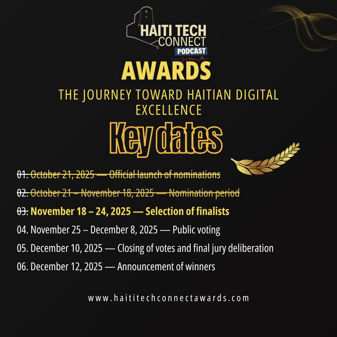 NAAHPHaiti's tweet image. 📅 Updated key dates for the #HaitiTechConnect Awards are here.
NAAHP is proud to help spotlight this initiative recognizing Haitian digital excellence.
🟡 Finalists: Nov 18–24
🟡 Public Voting: Nov 25–Dec 8
🟡 Winners: Dec 12
➡️ haititechconnectawards.com
#NAAHP #TechAwards