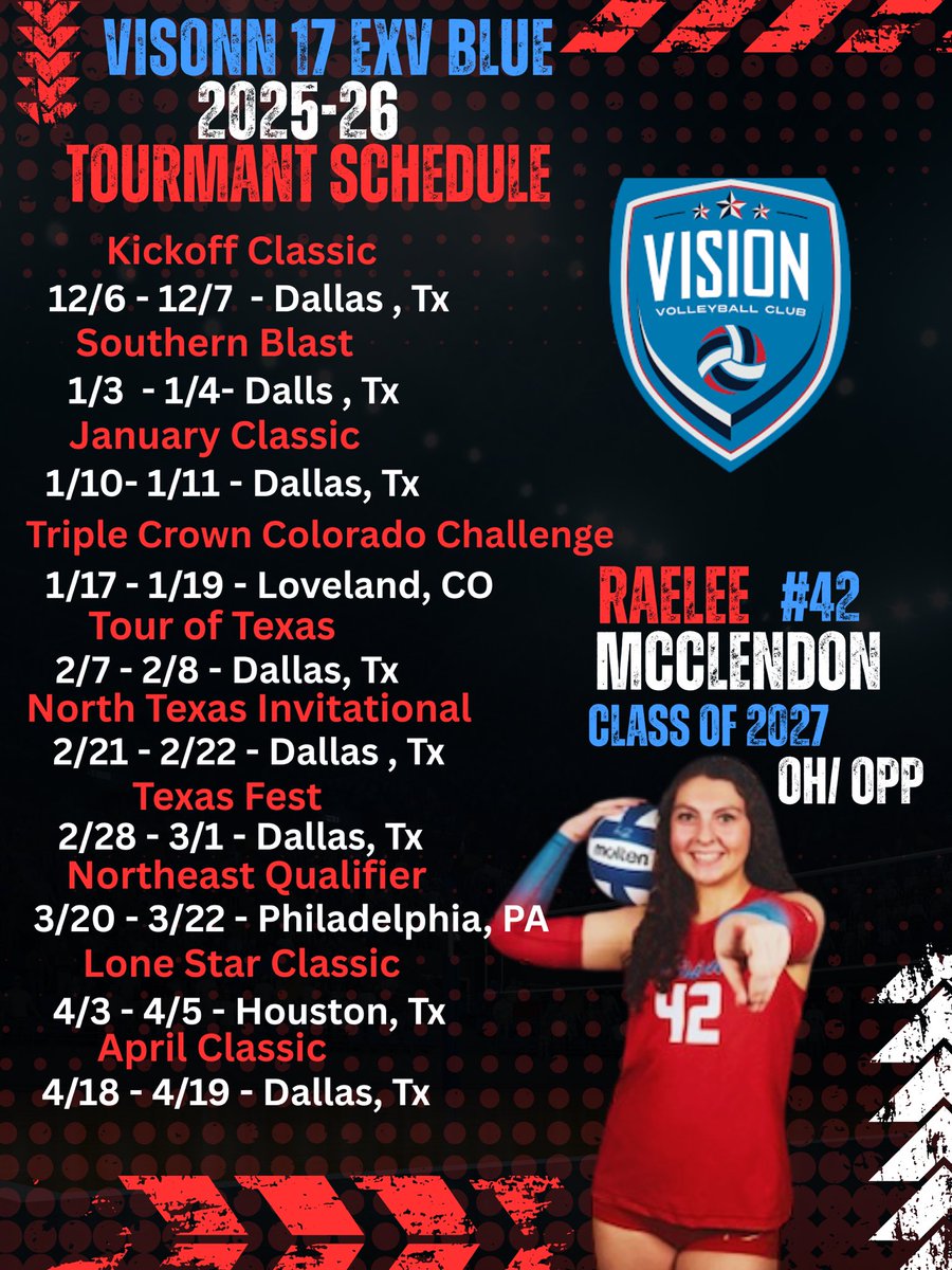 Raelee_vb42's tweet image. Coaches - our tournament schedule is set. Looking forward to connecting with you on the road. #volleyballrecruiting #2027Recruit #recruitme #Vision17EXVBlue #WeAreVision #HighFiveSeason #Pinhitter #TournamentTrail