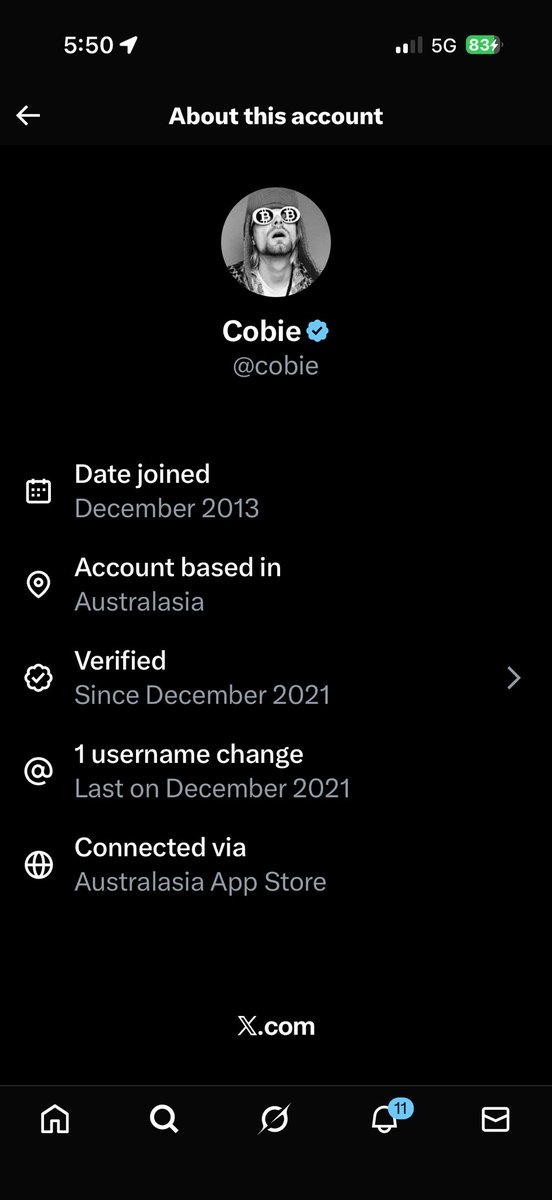 @cobieのアカウント情報のスクリーンショット（オーストラレーシアと表示）