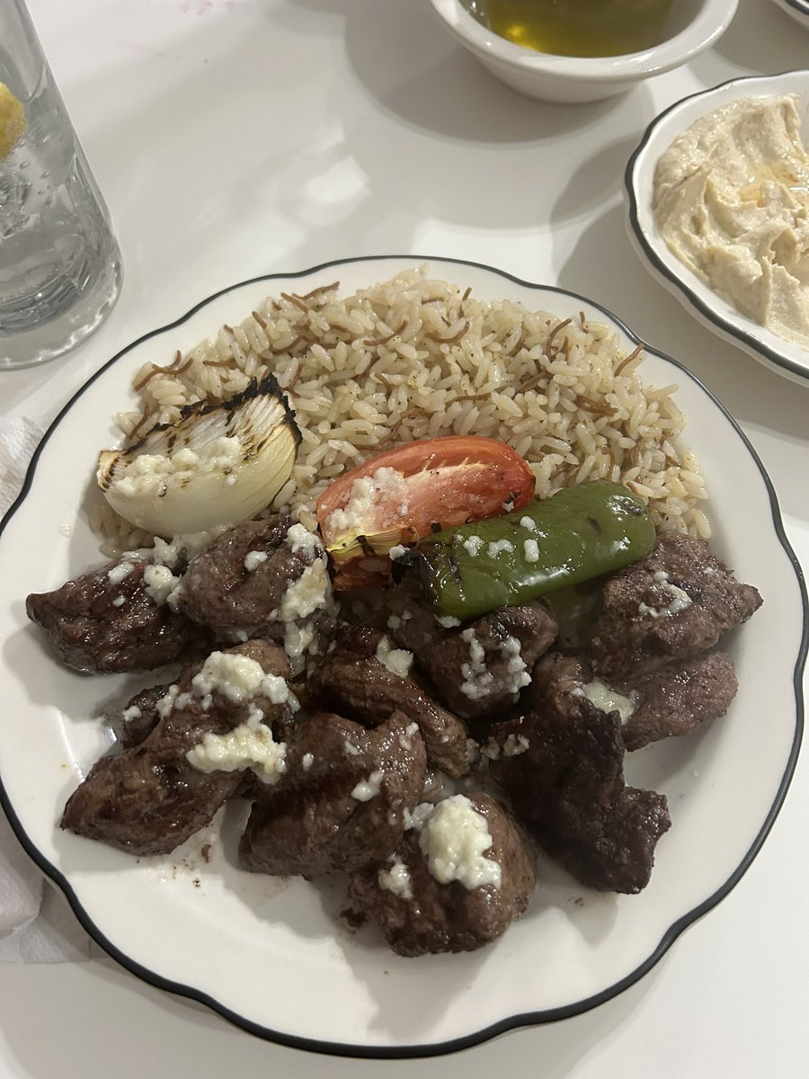 Kibbeh Nayyeh, pita, hummus, feta followed by lamb kabobs 😋
