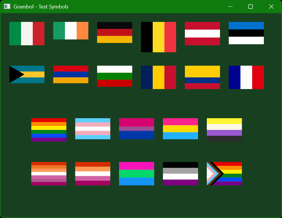 Hapaxiation's tweet photo. Begun creating a new PSG for Grambol (https://t.co/tKzajoKkWG):

Flags!

Obviously, I've stuck to the more simple ones for now (mostly striped) but there are so many more to come!

The image is a screenshot of what I have so far (do you know them all?)

#grambol #sfml #cpp #flags https://t.co/gQCKksYZ6X