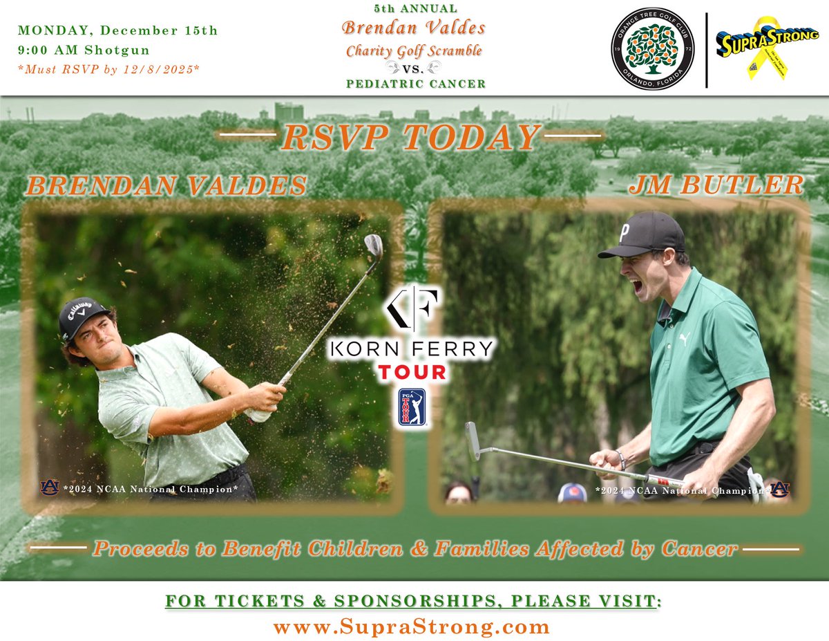 🙌 Thrilled to announce former <a href="/AuburnMGolf/">Auburn Men's Golf</a> teammate &amp; fellow <a href="/KornFerryTour/">Korn Ferry Tour</a> member <a href="/JMButler2020/">John Marshall Butler</a> is joining us in the fight against childhood cancer! RSVP at SupraStrong.com 🎟️👈 to join us at the 5th Annual <a href="/Brendan_Valdes/">Brendan Valdes</a> Golf Scramble!🏌️‍♂️🏌️‍♀️⛳️ 🎗️ #SupraStrong ❤️💙💛💪