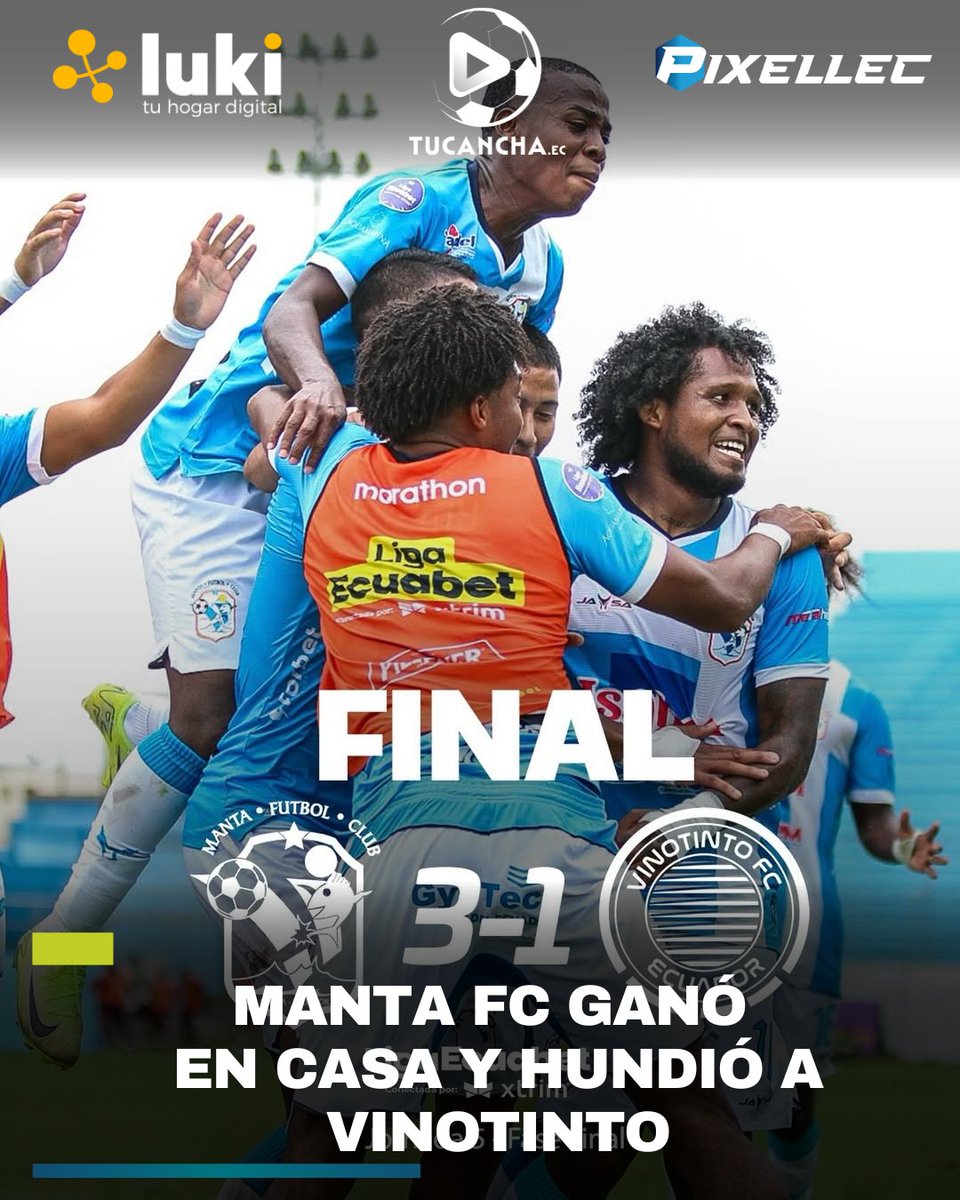 El Atunero cumplió en casa y venció 3-1 a Vinotinto en el Jocay ⚽🔥
Con goles de Alman, Alemán y Almeida, Manta prácticamente salva la categoría y al mismo tiempo, confirmó el descenso del cuadro visitante 🍷⬇️