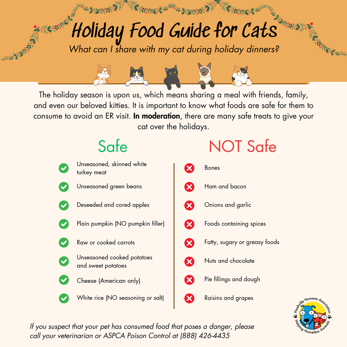 nashvillehumane's tweet photo. Before you give your pet a taste of your favorite holiday dish, knowing what foods are safe for them is important! Refer to these lists to know what foods you can let them enjoy in moderation.⁠🐶🐱⁠ #holidayfood #nashvillehumane https://t.co/vQ9bn9XQQz